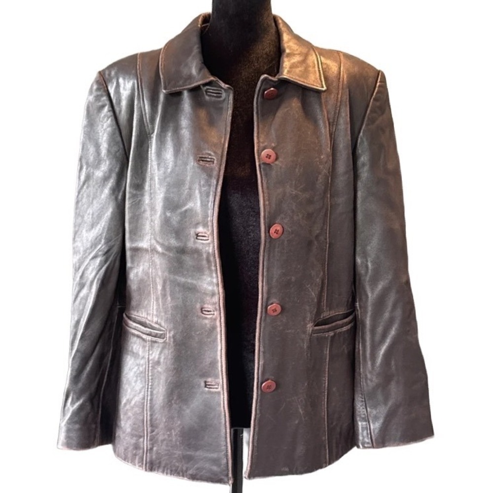 90s Vintage Brown Patina Leather Jacket Button Front Car Coat Eclectic Matrix M - Picture 4 of 9